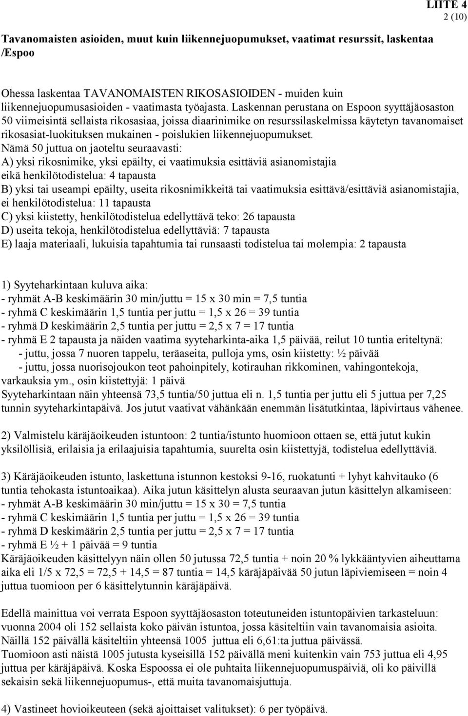 Laskennan perustana on Espoon syyttäjäosaston 50 viimeisintä sellaista rikosasiaa, joissa diaarinimike on resurssilaskelmissa käytetyn tavanomaiset rikosasiat-luokituksen mukainen - poislukien