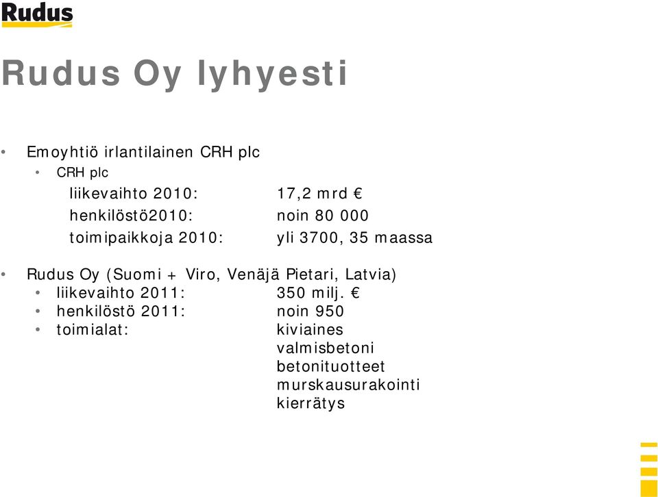 (Suomi + Viro, Venäjä Pietari, Latvia) liikevaihto 2011: 350 milj.