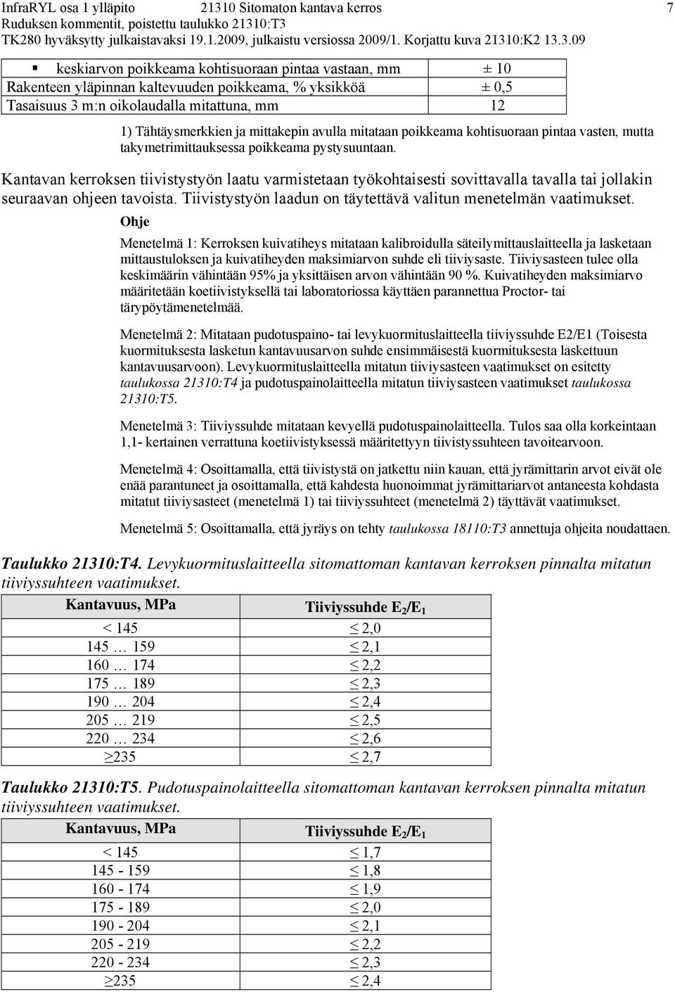 Kantavan kerroksen tiivistystyön laatu varmistetaan työkohtaisesti sovittavalla tavalla tai jollakin seuraavan ohjeen tavoista. Tiivistystyön laadun on täytettävä valitun menetelmän vaatimukset.