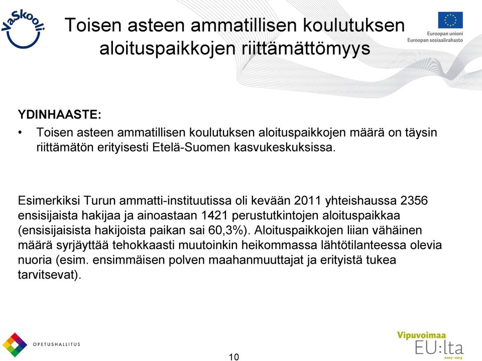 Esimerkiksi Turun ammatti-instituutissa oli kevään 2011 yhteishaussa 2356 ensisijaista hakijaa ja ainoastaan 1421 perustutkintojen aloituspaikkaa