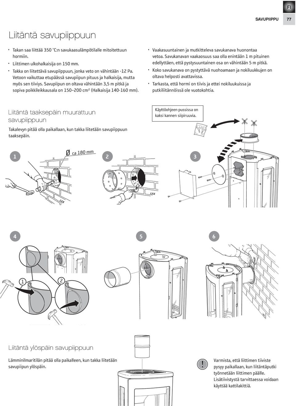 Savupiipun on oltava vähintään 3,5 m pitkä ja sopiva poikkileikkausala on 150 200 cm² (Halkaisija 140-160 mm). Vaakasuuntainen ja mutkitteleva savukanava huonontaa vetoa.