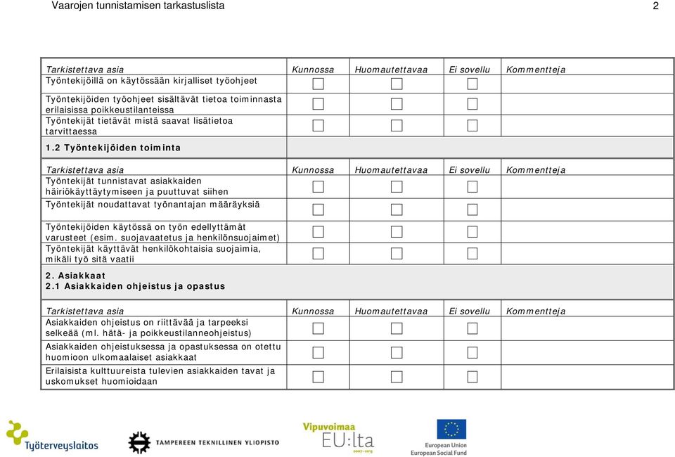 2 Työntekijöiden toiminta Työntekijät tunnistavat asiakkaiden häiriökäyttäytymiseen ja puuttuvat siihen Työntekijät noudattavat työnantajan määräyksiä Työntekijöiden käytössä on työn edellyttämät