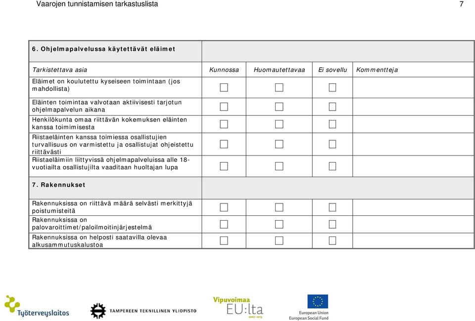 Henkilökunta omaa riittävän kokemuksen eläinten kanssa toimimisesta Riistaeläinten kanssa toimiessa osallistujien turvallisuus on varmistettu ja osallistujat ohjeistettu