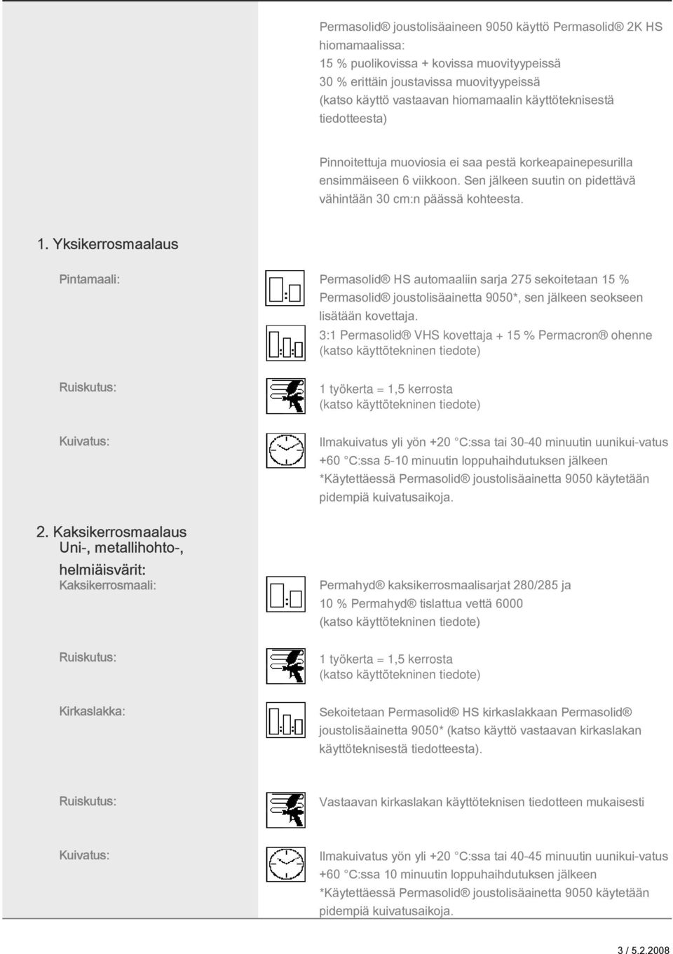 Yksikerrosmaalaus Pintamaali: Permasolid HS automaaliin sarja 275 sekoitetaan 15 % Permasolid joustolisäainetta 9050*, sen jälkeen seokseen lisätään kovettaja.