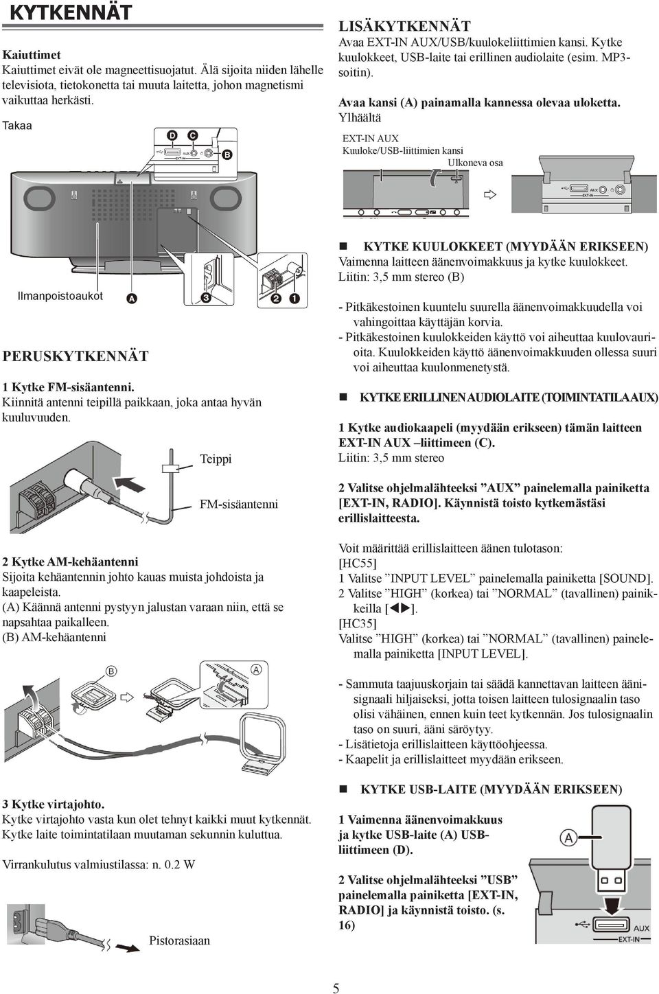 Ylhäältä EXT-IN AUX Kuuloke/USB-liittimien kansi Ulkoneva osa Ilmanpoistoaukot PERUSKYTKENNÄT 1 Kytke FM-sisäantenni. Kiinnitä antenni teipillä paikkaan, joka antaa hyvän kuuluvuuden.
