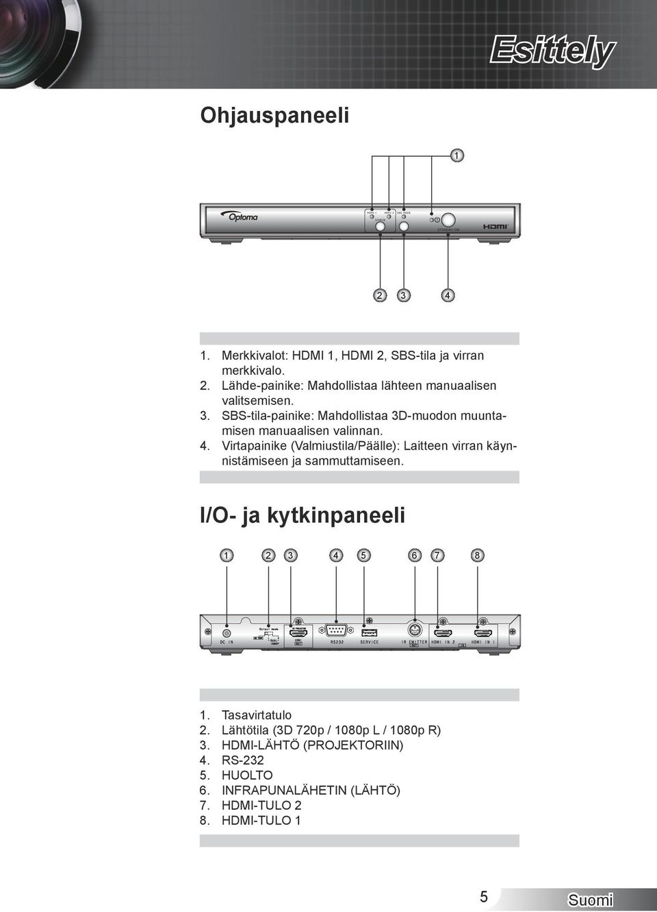 Virtapainike (Valmiustila/Päälle): Laitteen virran käynnistämiseen ja sammuttamiseen. I/O- ja kytkinpaneeli 1 2 3 4 5 6 7 8.