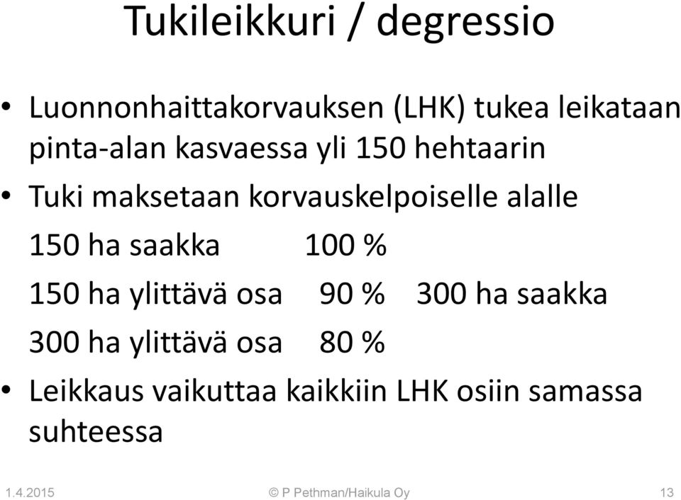 150 ha saakka 100 % 150 ha ylittävä osa 90 % 300 ha saakka 300 ha ylittävä osa