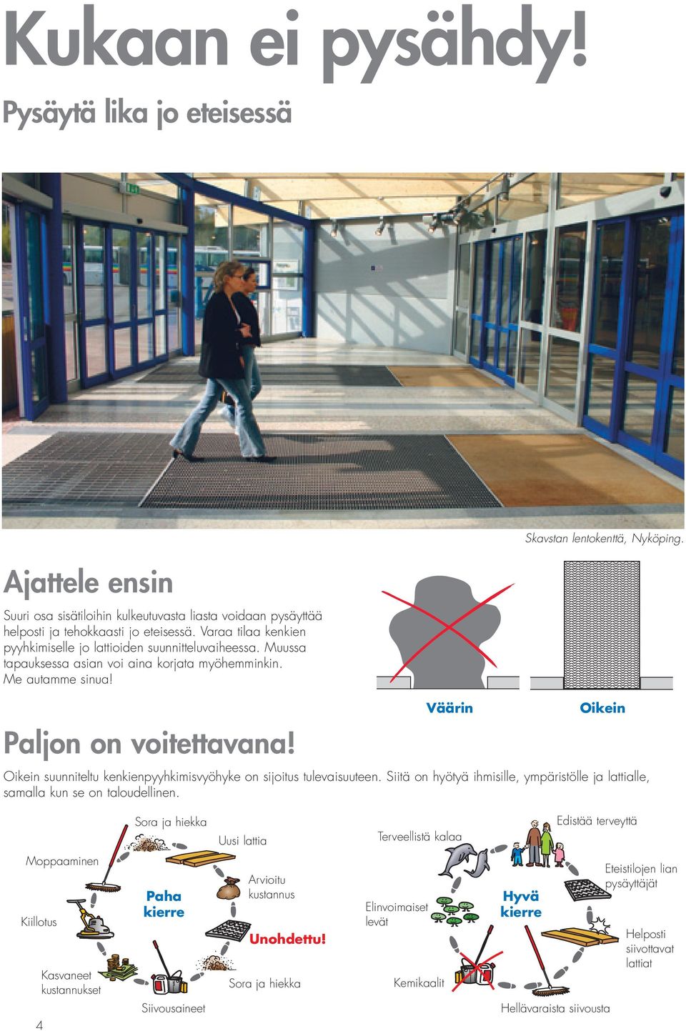 Väärin Skavstan lentokenttä, Nyköping. Oikein Oikein suunniteltu kenkienpyyhkimisvyöhyke on sijoitus tulevaisuuteen.