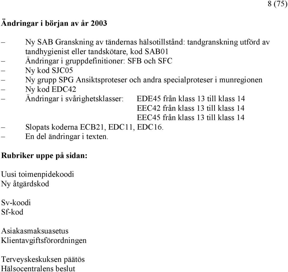 från klass 13 till klass 14 EEC42 från klass 13 till klass 14 EEC45 från klass 13 till klass 14 Slopats koderna ECB21, EDC11, EDC16. En del ändringar i texten.