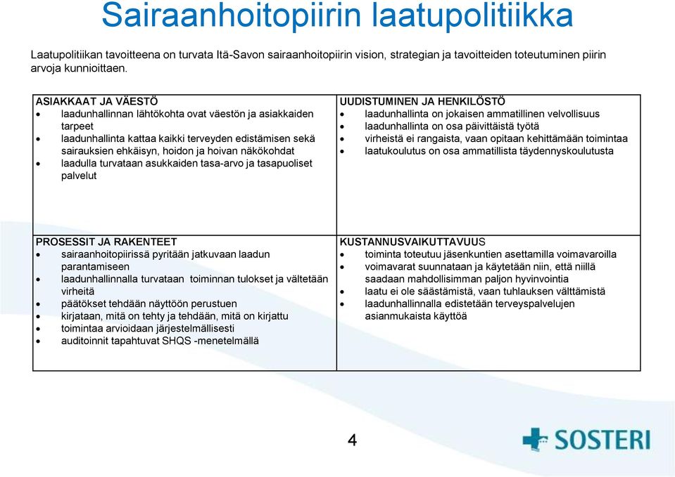 turvataan asukkaiden tasa-arvo ja tasapuoliset palvelut UUDISTUMINEN JA HENKILÖSTÖ laadunhallinta on jokaisen ammatillinen velvollisuus laadunhallinta on osa päivittäistä työtä virheistä ei