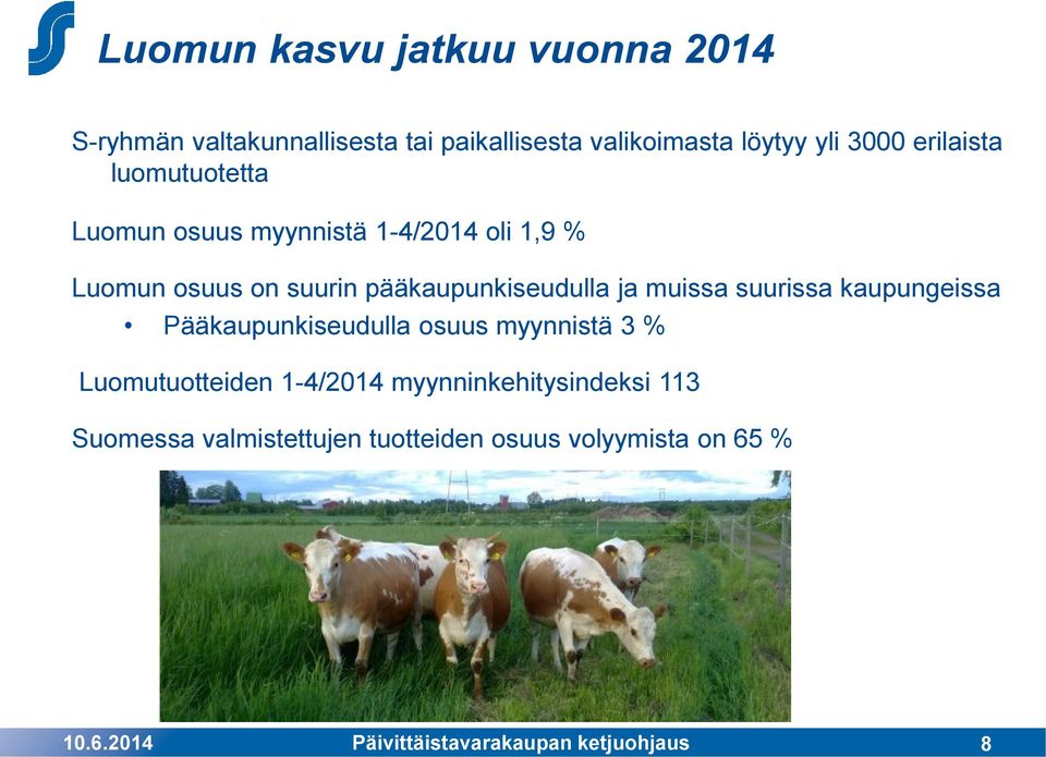 muissa suurissa kaupungeissa Pääkaupunkiseudulla osuus myynnistä 3 % Luomutuotteiden 1-4/2014