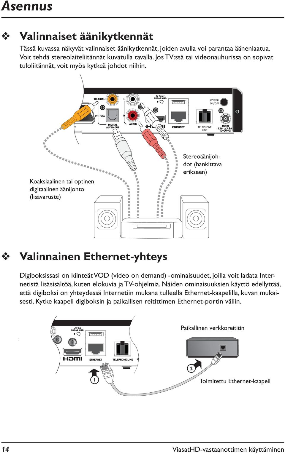 Koaksiaalinen tai optinen digitaalinen äänijohto (lisävaruste) Stereoäänijohdot (hankittava erikseen) Valinnainen Ethernet-yhteys Digiboksissasi on kiinteät VOD (video on demand) -ominaisuudet,