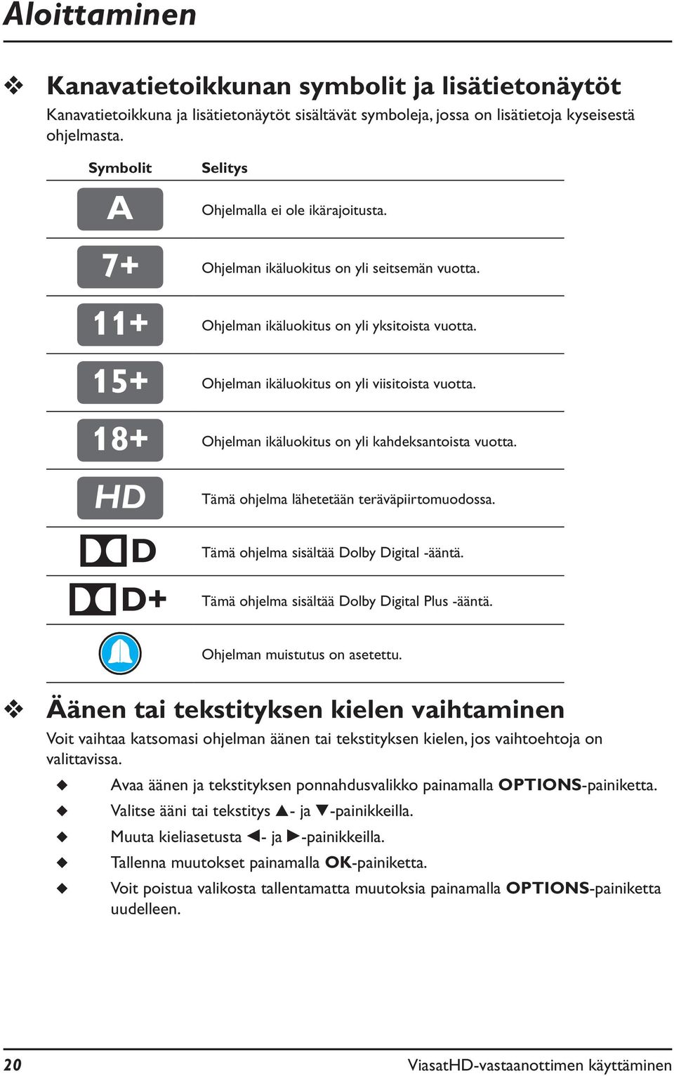 15+ Ohjelman ikäluokitus on yli viisitoista vuotta. 18+ Ohjelman ikäluokitus on yli kahdeksantoista vuotta. HD D D+ Tämä ohjelma lähetetään teräväpiirtomuodossa.