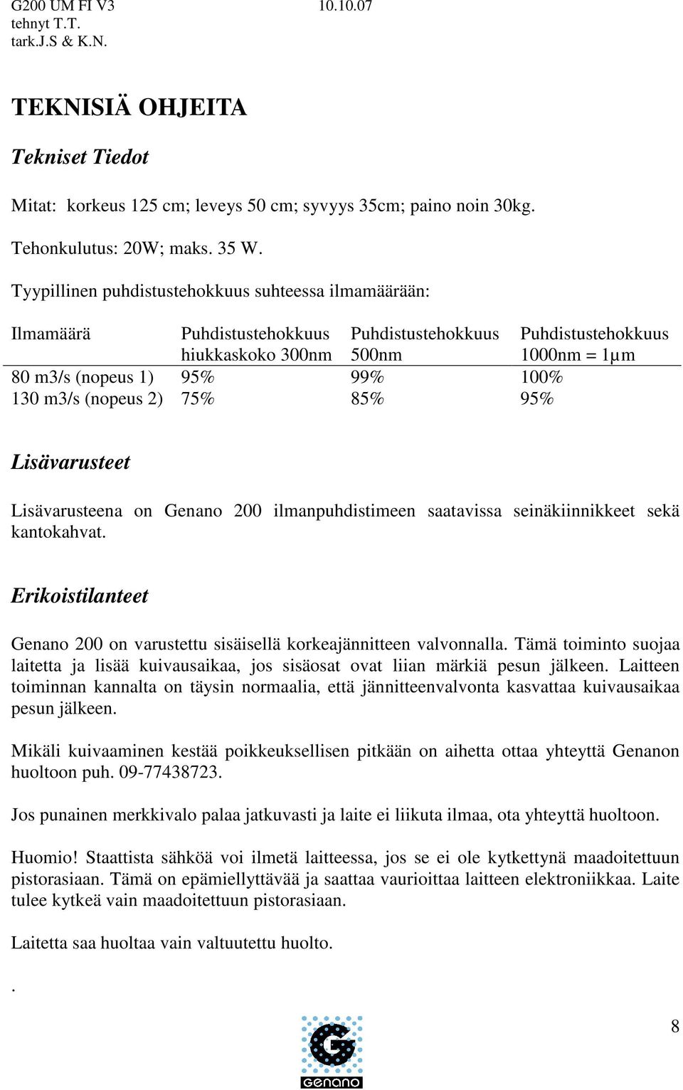 (nopeus 2) 75% 85% 95% Lisävarusteet Lisävarusteena on Genano 200 ilmanpuhdistimeen saatavissa seinäkiinnikkeet sekä kantokahvat.