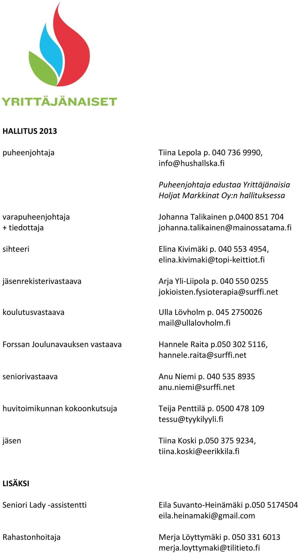 040 550 0255 jokioisten.fysioterapia@surffi.net koulutusvastaava Ulla Lövholm p. 045 2750026 mail@ullalovholm.fi Forssan Joulunavauksen vastaava Hannele Raita p.050 302 5116, hannele.raita@surffi.