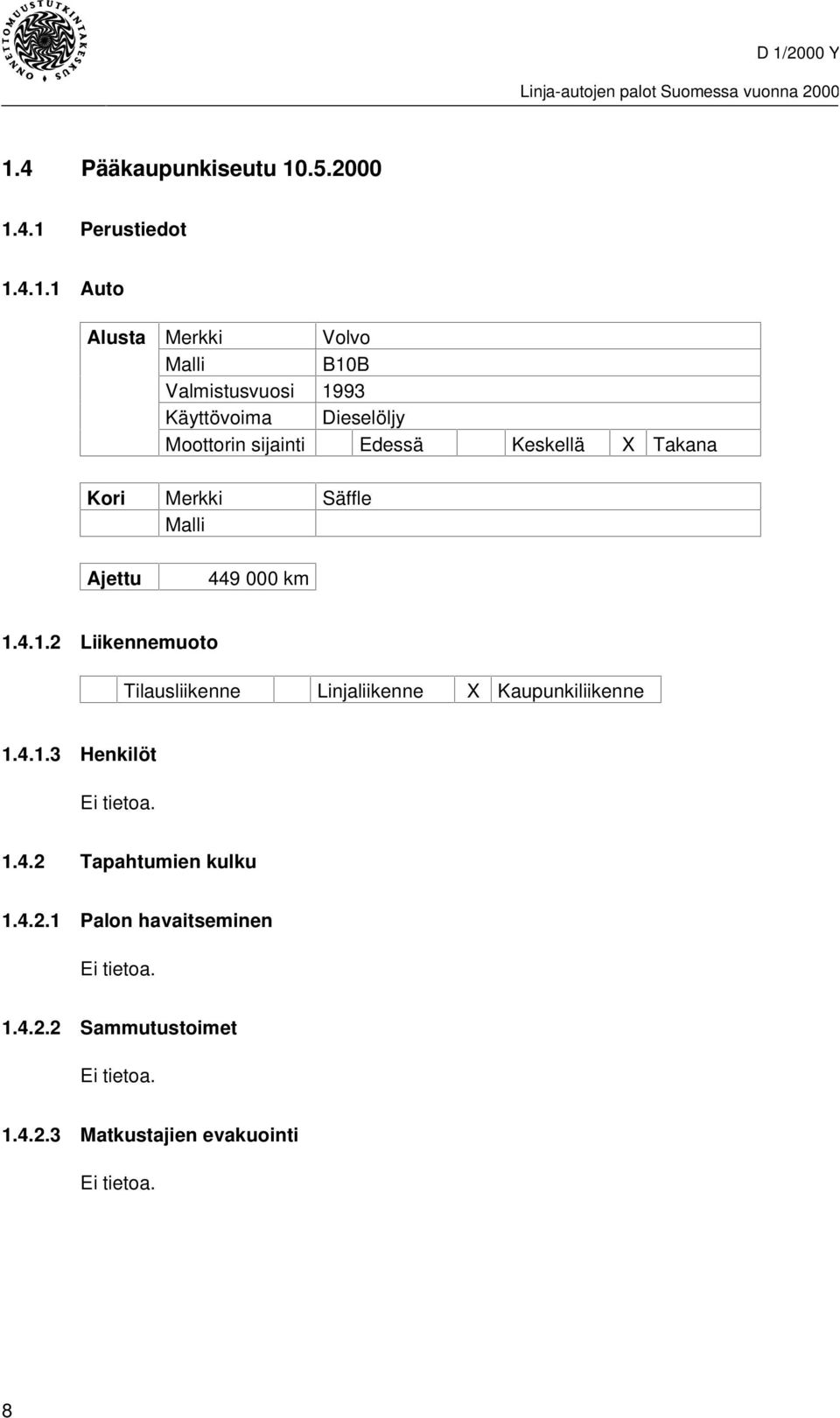 4.1.2 Liikennemuoto Tilausliikenne Linjaliikenne X Kaupunkiliikenne 1.4.1.3 Henkilöt Ei tietoa. 1.4.2 Tapahtumien kulku 1.