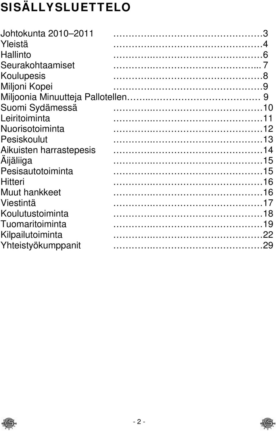 11 Nuorisotoiminta. 12 Pesiskoulut. 13 Aikuisten harrastepesis. 14 Äijäliiga. 15 Pesisautotoiminta.