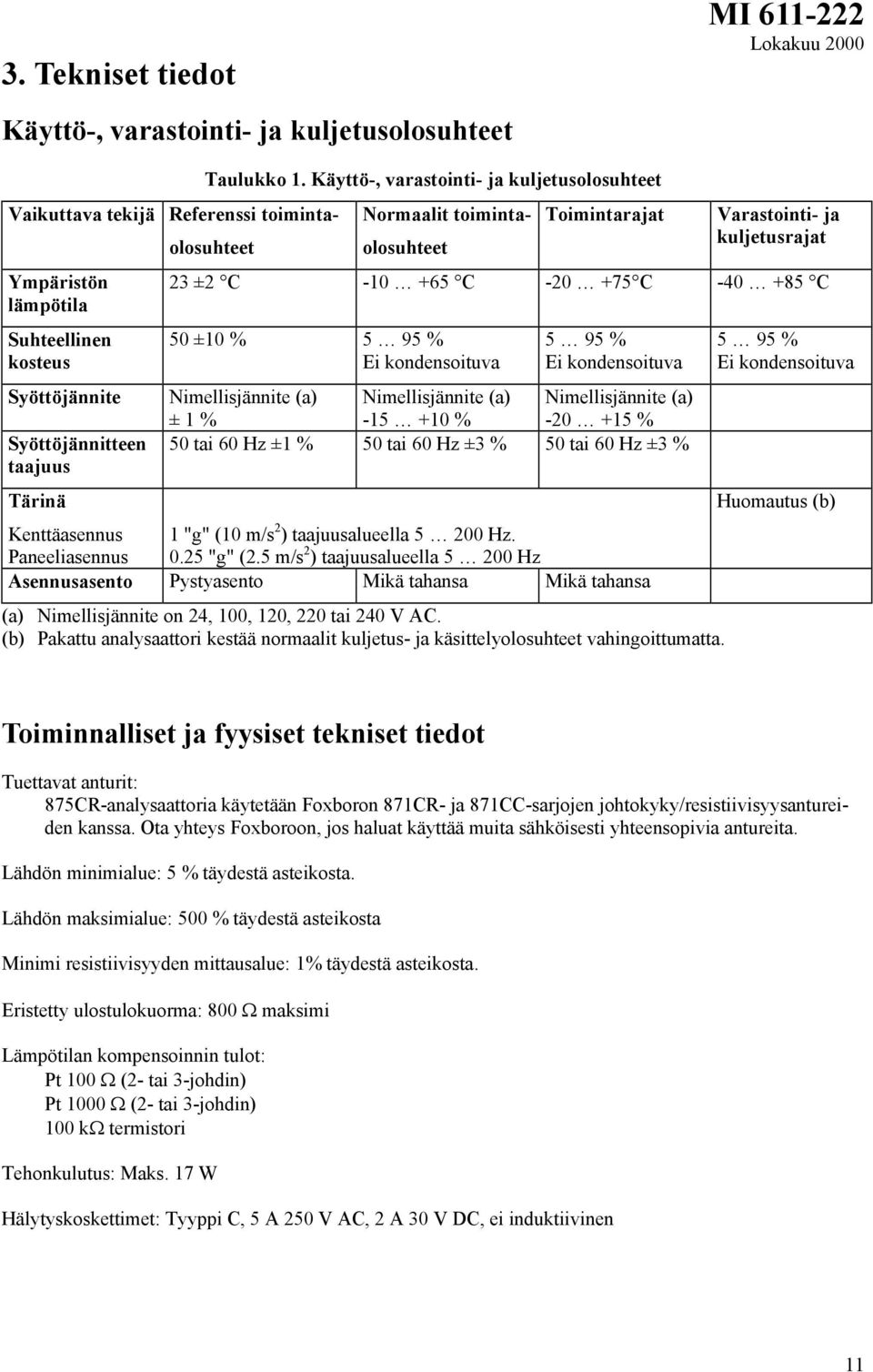 Käyttö-, varastointi- ja kuljetusolosuhteet Normaalit toimintaolosuhteet Toimintarajat Varastointi- ja kuljetusrajat 23 ±2 C -10 +65 C -20 +75 C -40 +85 C 50 ±10 % 5 95 % Ei kondensoituva 5 95 % Ei