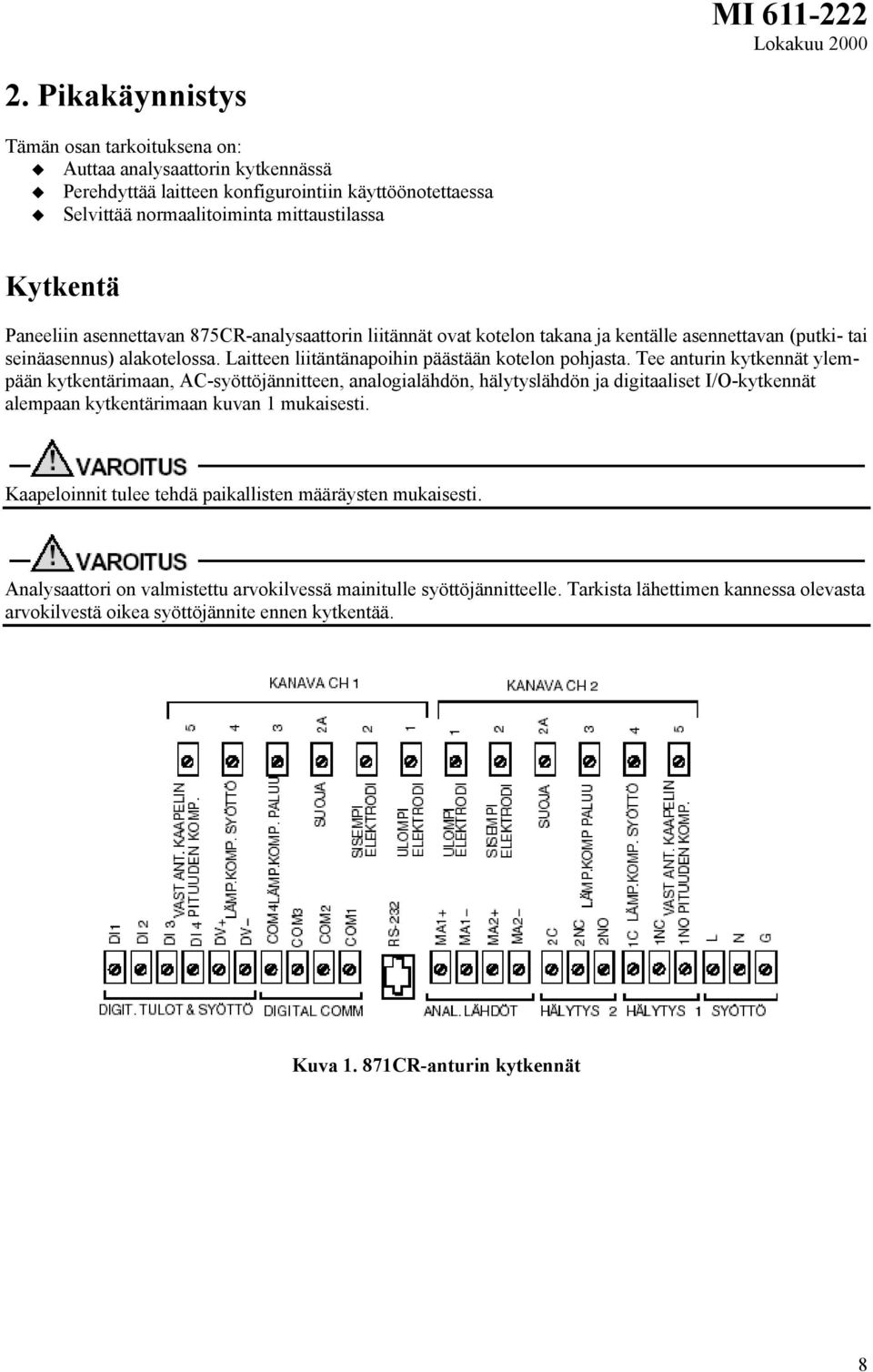 Tee anturin kytkennät ylempään kytkentärimaan, AC-syöttöjännitteen, analogialähdön, hälytyslähdön ja digitaaliset I/O-kytkennät alempaan kytkentärimaan kuvan 1 mukaisesti.