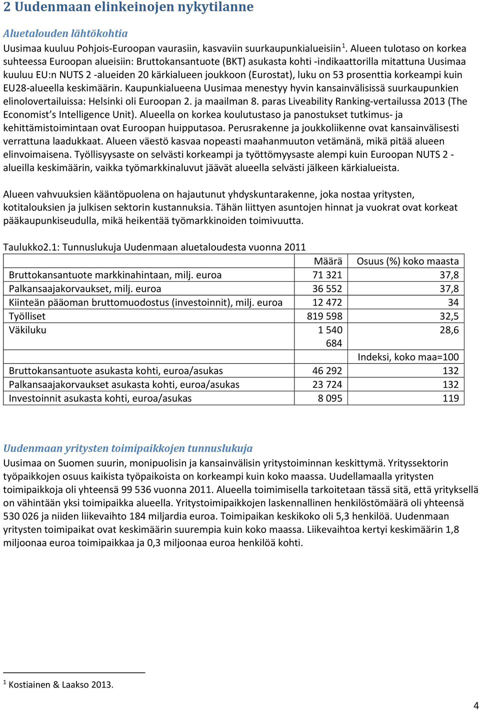 on 53 prosenttia korkeampi kuin EU28-alueella keskimäärin. Kaupunkialueena Uusimaa menestyy hyvin kansainvälisissä suurkaupunkien elinolovertailuissa: Helsinki oli Euroopan 2. ja maailman 8.