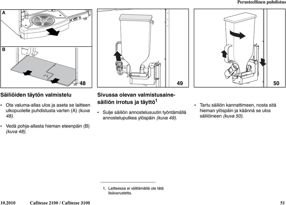 Sivussa olevan valmistusainesäiliön irrotus ja täyttö 1 Sulje säiliön annostelusuutin työntämällä annosteluputkea ylöspäin (kuva 49).