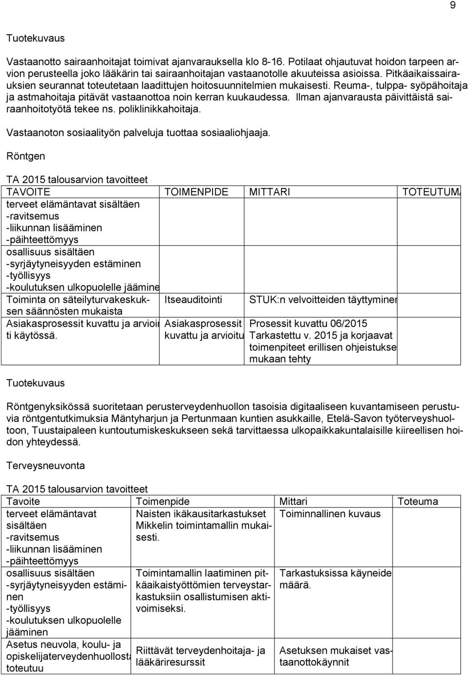 llman ajanvarausta päivittäistä sairaanhoitotyötä tekee ns. poliklinikkahoitaja. Vastaanoton sosiaalityön palveluja tuottaa sosiaaliohjaaja.