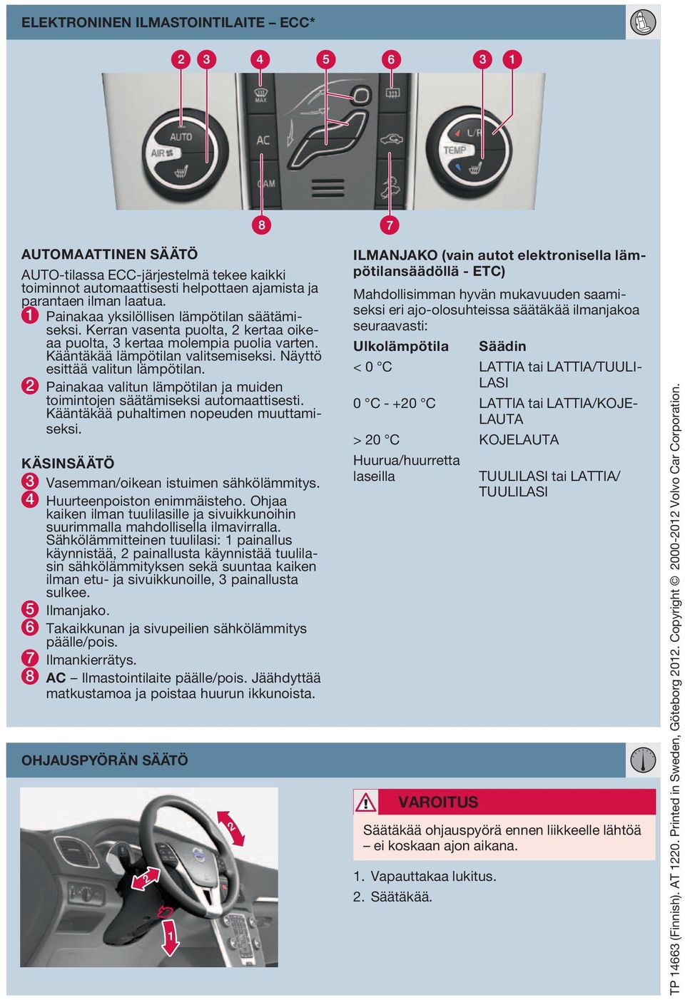 2 Painakaa valitun lämpötilan ja muiden toimintojen säätämiseksi automaattisesti. Kääntäkää puhaltimen nopeuden muuttamiseksi. KÄSINSÄÄTÖ 3 Vasemman/oikean istuimen sähkölämmitys.