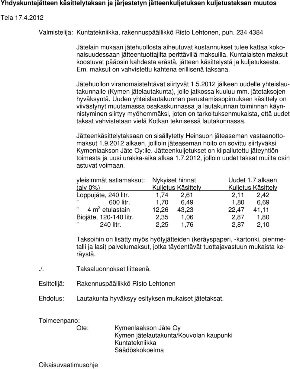 Kuntalaisten maksut koostuvat pääosin kahdesta erästä, jätteen käsittelystä ja kuljetuksesta. Em. maksut on vahvistettu kahtena erillisenä taksana. Jätehuollon viranomaistehtävät siirtyvät 1.5.