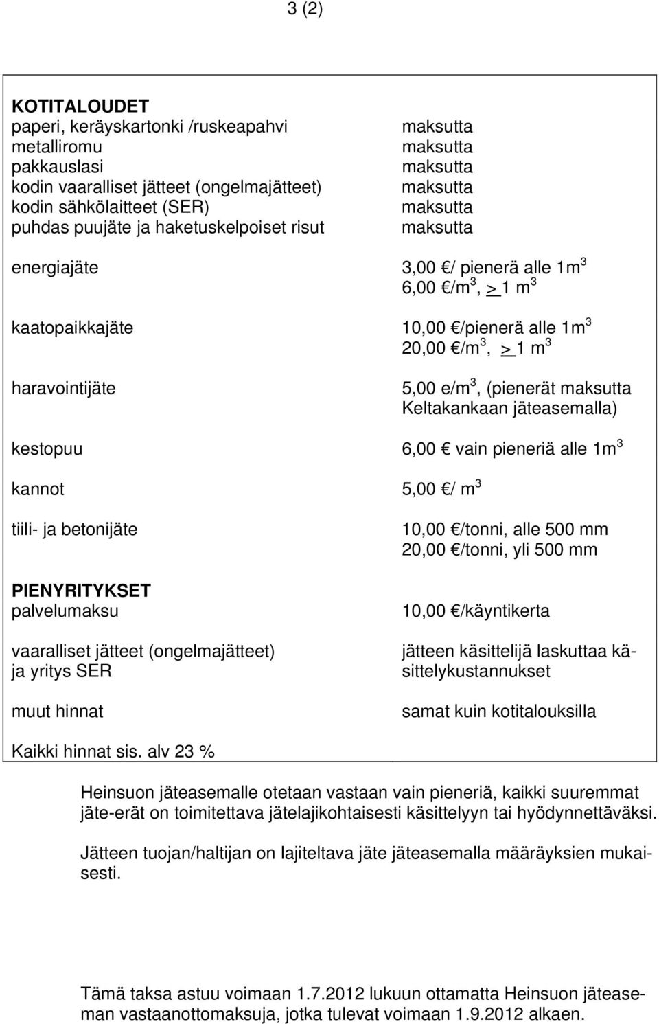 pieneriä alle 1m 3 kannot 5,00 / m 3 tiili- ja betonijäte PIENYRITYKSET palvelumaksu vaaralliset jätteet (ongelmajätteet) ja yritys SER muut hinnat 10,00 /tonni, alle 500 mm 20,00 /tonni, yli 500 mm