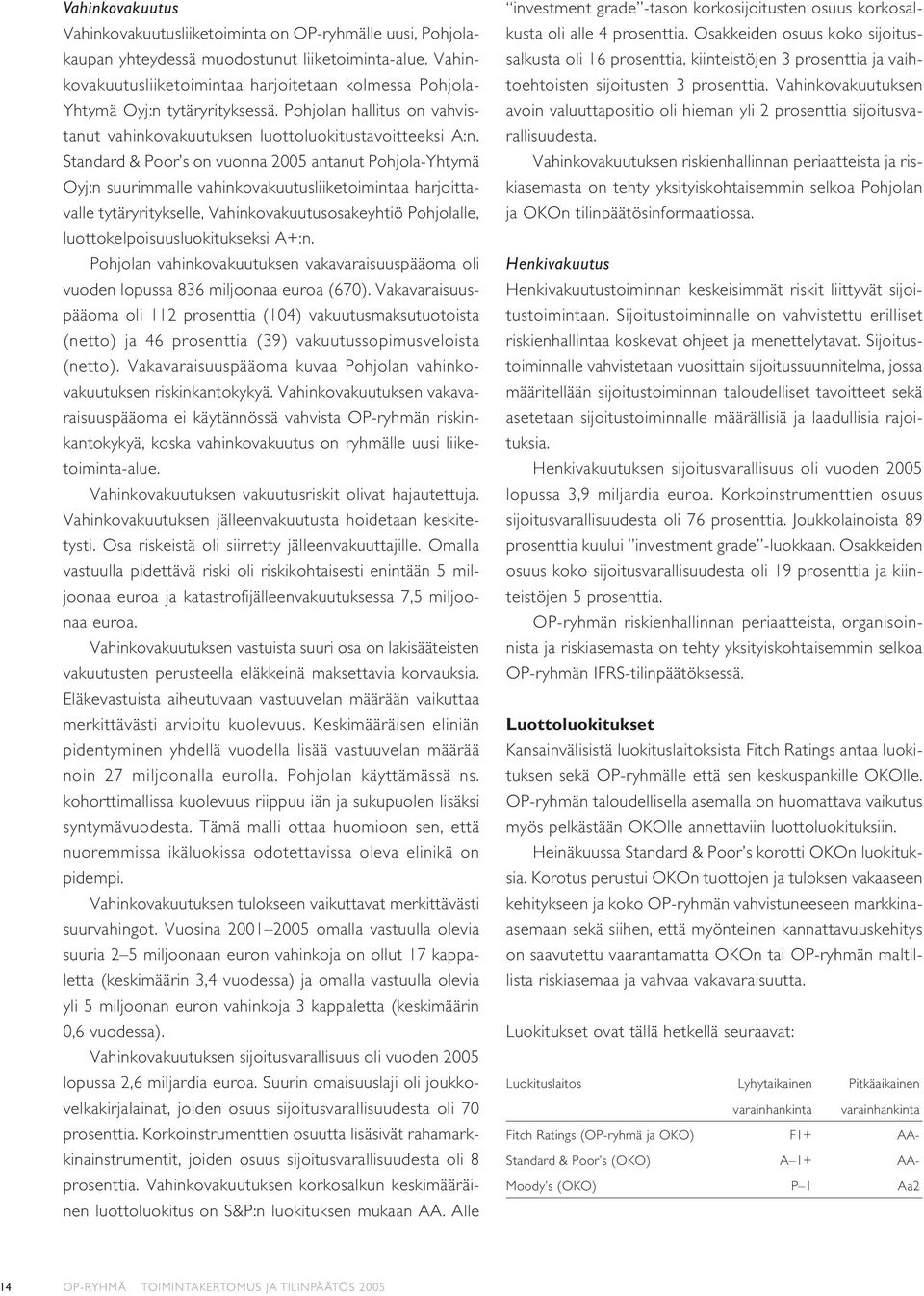 Standard & Poor s on vuonna 2005 antanut Pohjola-Yhtymä Oyj:n suurimmalle vahinkovakuutusliiketoimintaa harjoittavalle tytäryritykselle, Vahinkovakuutusosakeyhtiö Pohjolalle,