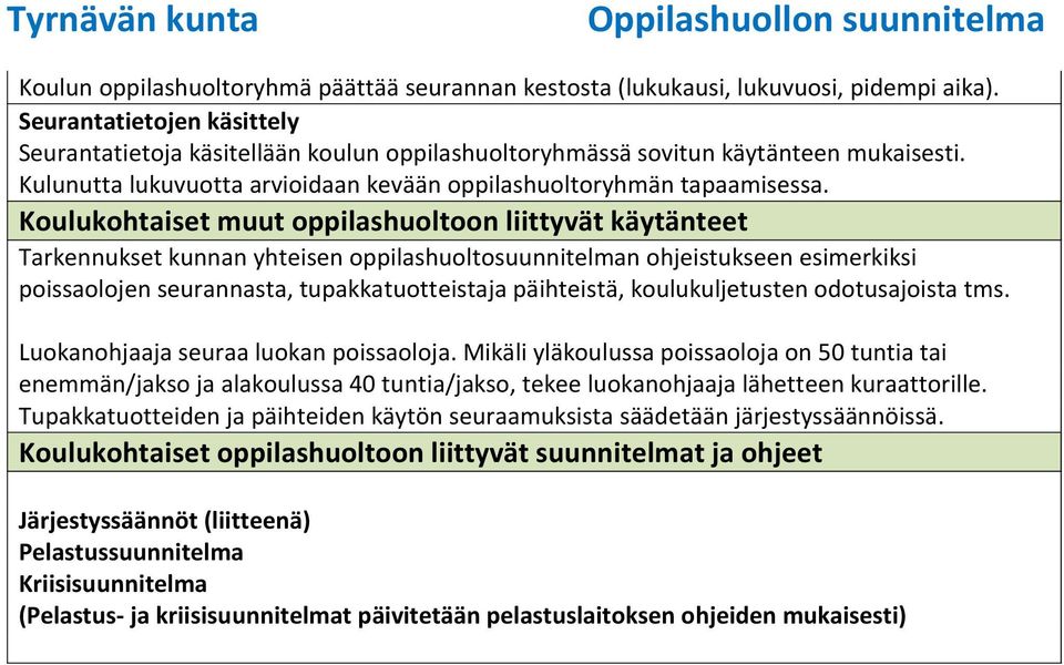 Koulukohtaiset muut oppilashuoltoon liittyvät käytänteet Tarkennukset kunnan yhteisen oppilashuoltosuunnitelman ohjeistukseen esimerkiksi poissaolojen seurannasta, tupakkatuotteistaja päihteistä,