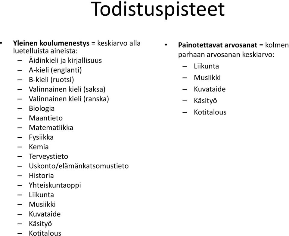 Fysiikka Kemia Terveystieto Uskonto/elämänkatsomustieto Historia Yhteiskuntaoppi Liikunta Musiikki Kuvataide