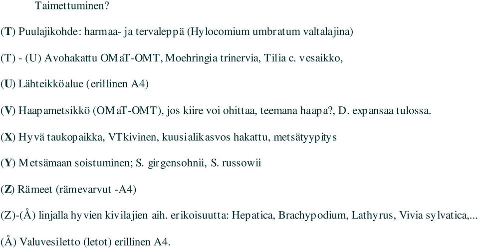 vesaikko, (U) Lähteikköalue (erillinen A4) (V) Haapametsikkö (OMaT-OMT), jos kiire voi ohittaa, teemana haapa?, D. expansaa tulossa.