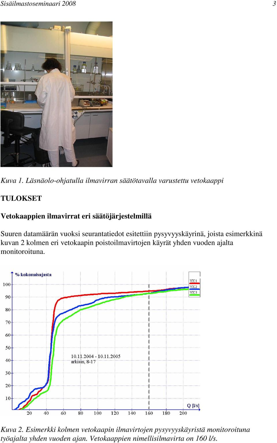 Suuren datamäärän vuoksi seurantatiedot esitettiin pysyvyyskäyrinä, joista esimerkkinä kuvan 2 kolmen eri vetokaapin