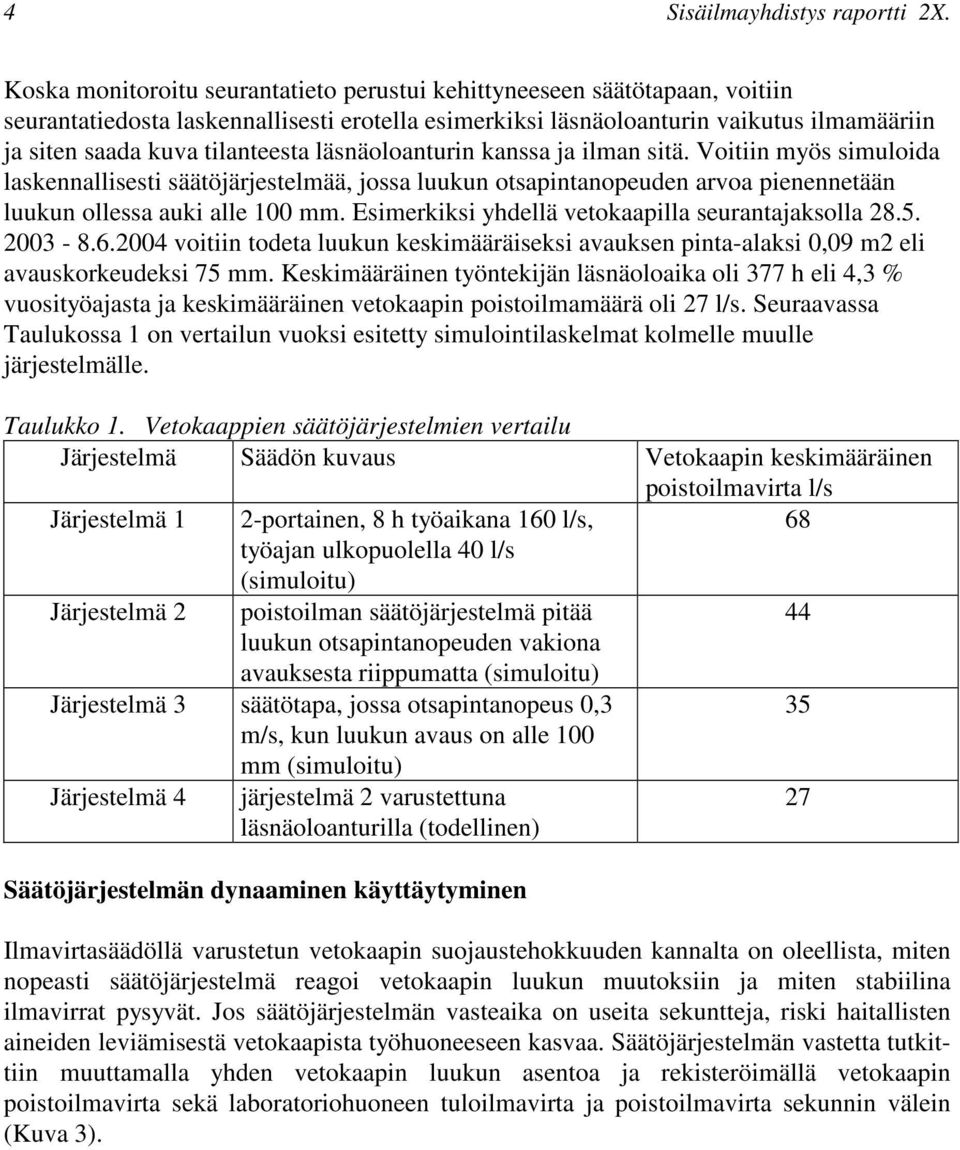 tilanteesta läsnäoloanturin kanssa ja ilman sitä. Voitiin myös simuloida laskennallisesti säätöjärjestelmää, jossa luukun otsapintanopeuden arvoa pienennetään luukun ollessa auki alle 100 mm.