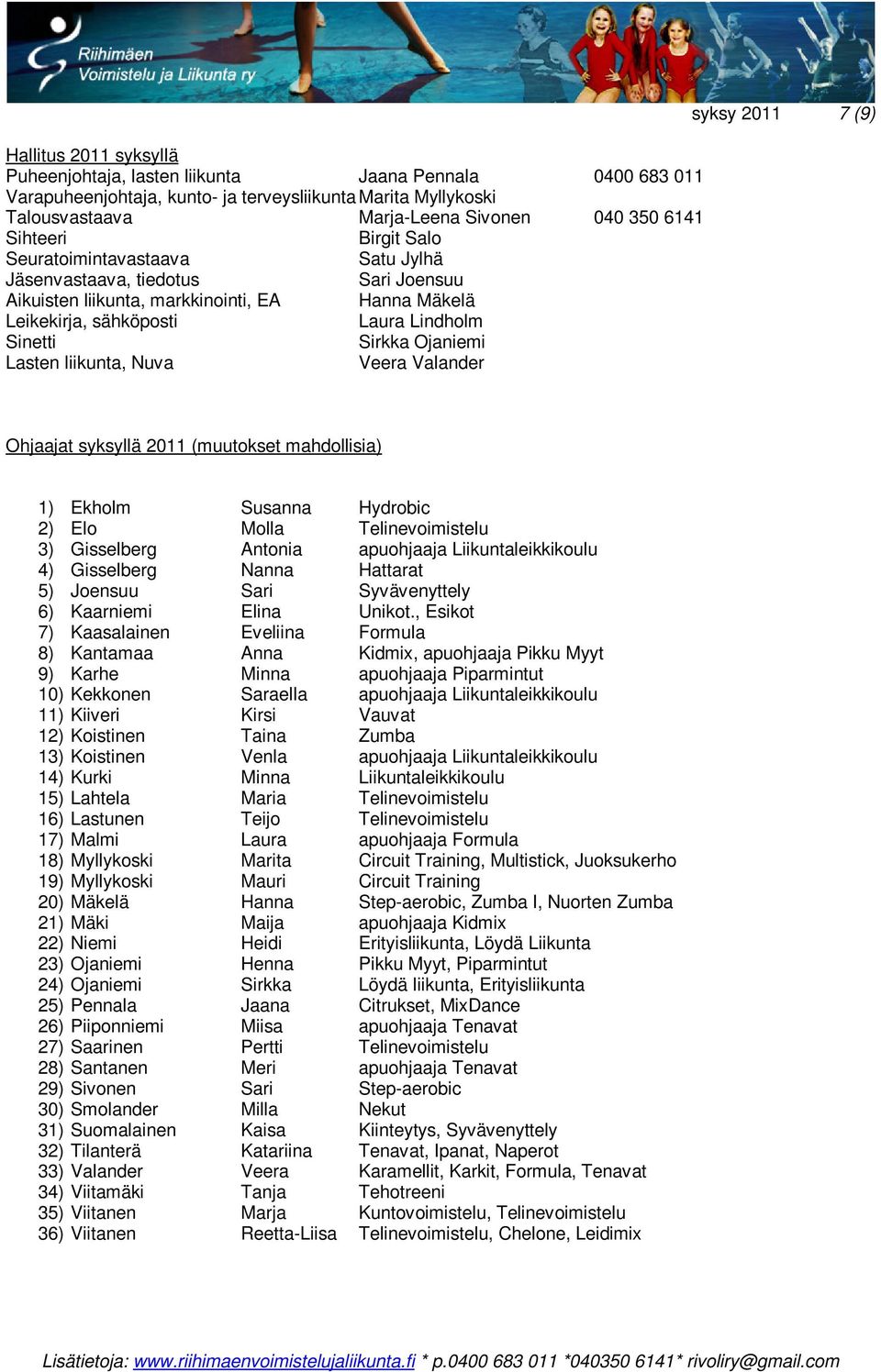 Ojaniemi Lasten liikunta, Nuva Veera Valander syksy 2011 7 (9) Ohjaajat syksyllä 2011 (muutokset mahdollisia) 1) Ekholm Susanna Hydrobic 2) Elo Molla Telinevoimistelu 3) Gisselberg Antonia apuohjaaja
