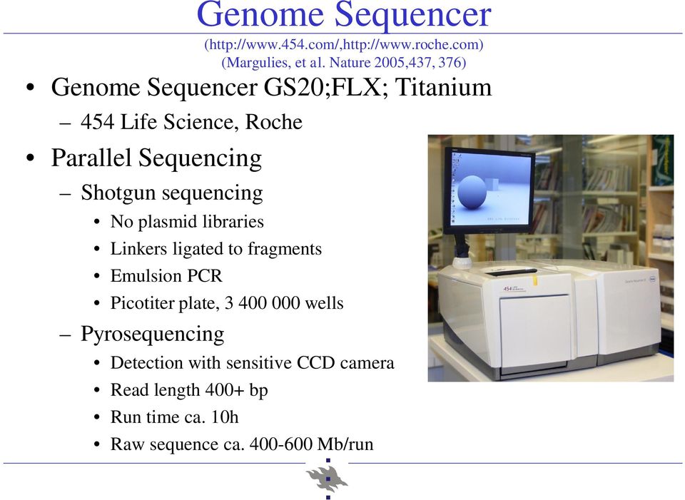 Shotgun sequencing No plasmid libraries Linkers ligated to fragments Emulsion PCR Picotiter plate, 3