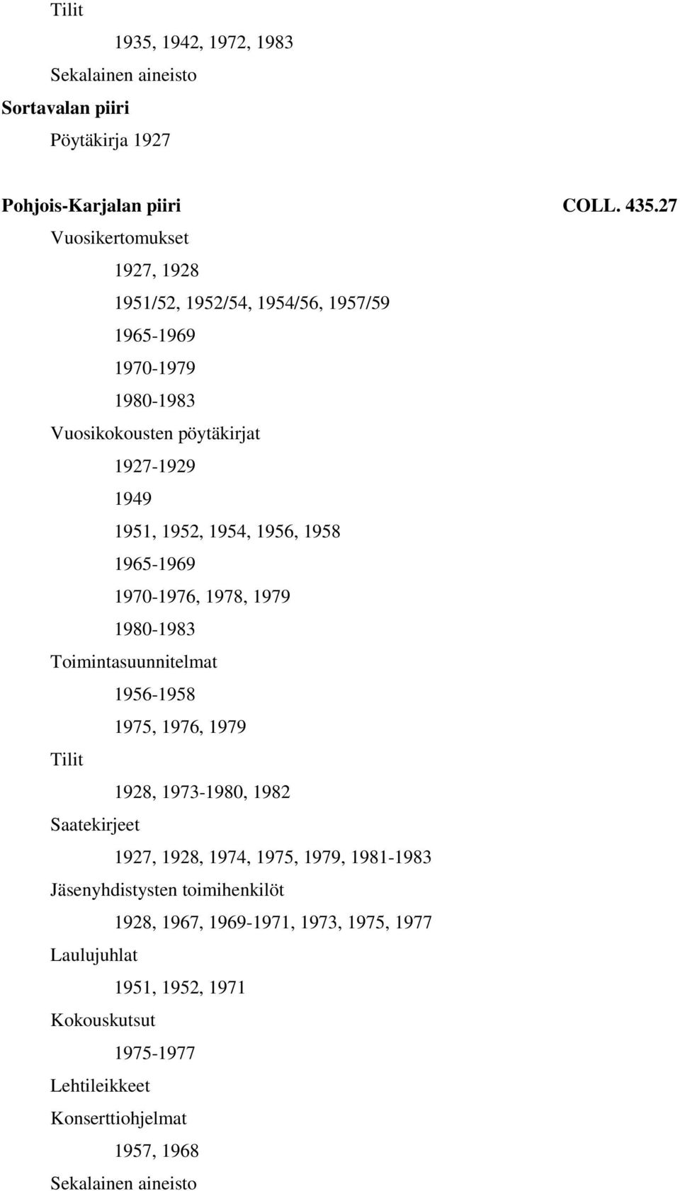 1958 1965-1969 1970-1976, 1978, 1979 1980-1983 Toimintasuunnitelmat 1956-1958 1975, 1976, 1979 Tilit 1928, 1973-1980, 1982 Saatekirjeet 1927,