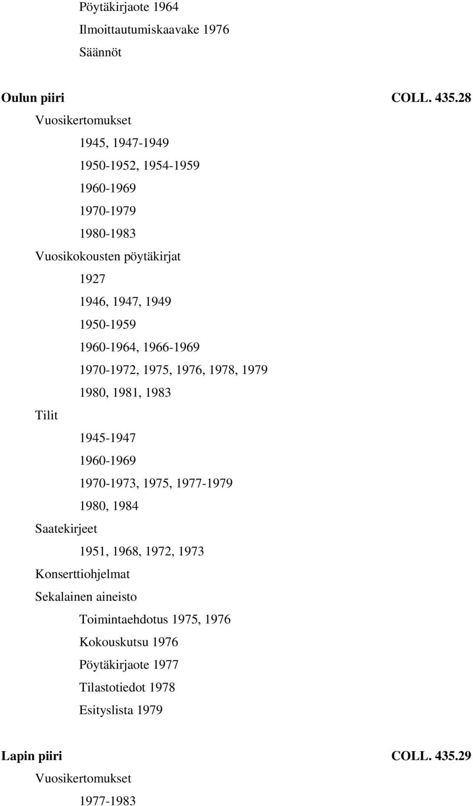 1960-1964, 1966-1969 1970-1972, 1975, 1976, 1978, 1979 1980, 1981, 1983 Tilit 1945-1947 1960-1969 1970-1973, 1975, 1977-1979 1980,