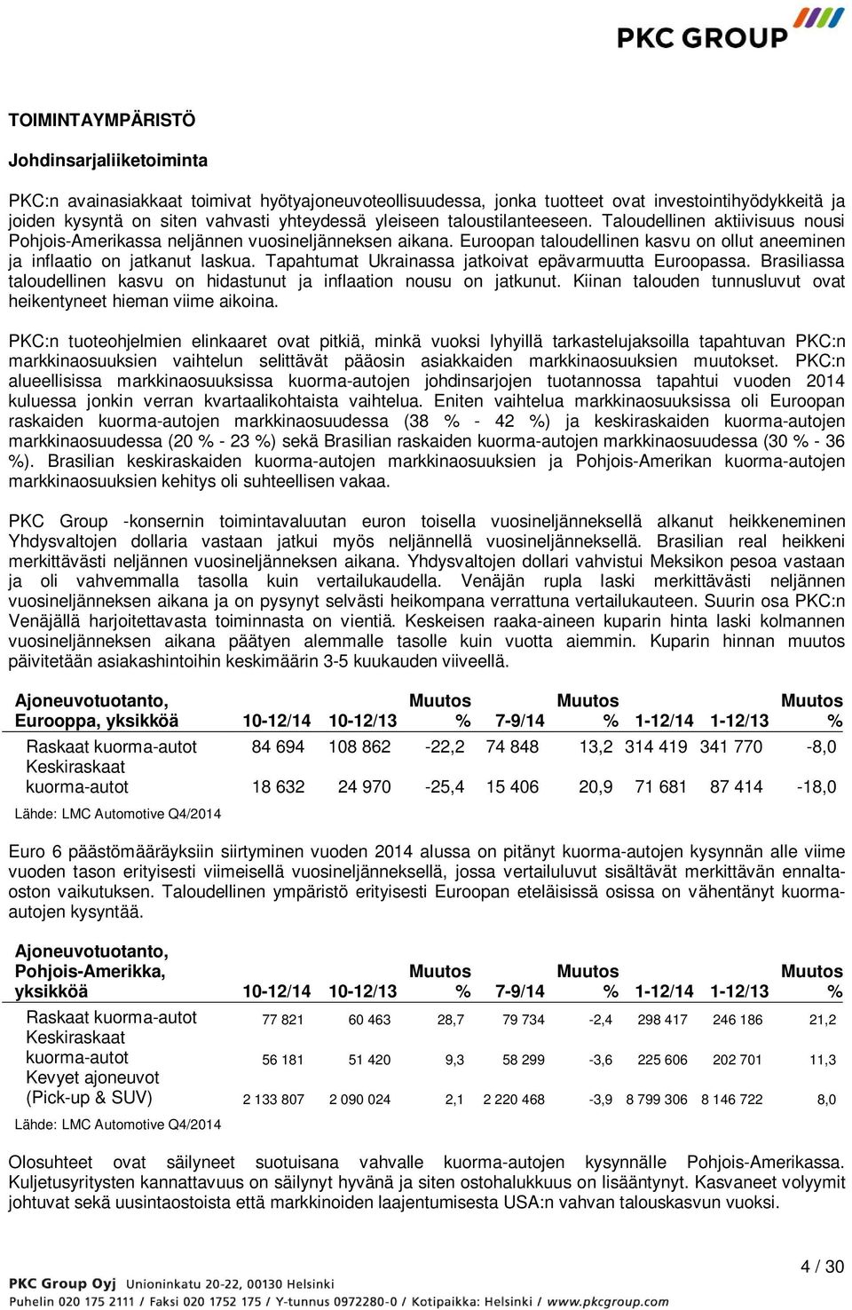 Tapahtumat Ukrainassa jatkoivat epävarmuutta Euroopassa. Brasiliassa taloudellinen kasvu on hidastunut ja inflaation nousu on jatkunut.