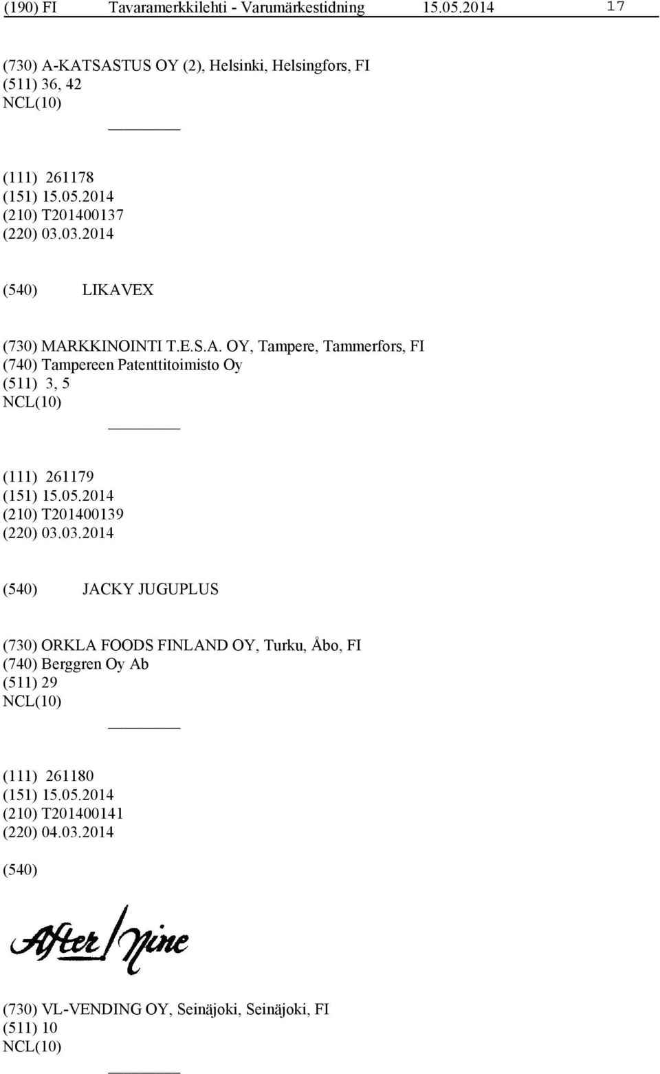 03.2014 LIKAVEX (730) MARKKINOINTI T.E.S.A. OY, Tampere, Tammerfors, FI (740) Tampereen Patenttitoimisto Oy (511) 3, 5 (111) 261179 (210) T201400139 (220) 03.