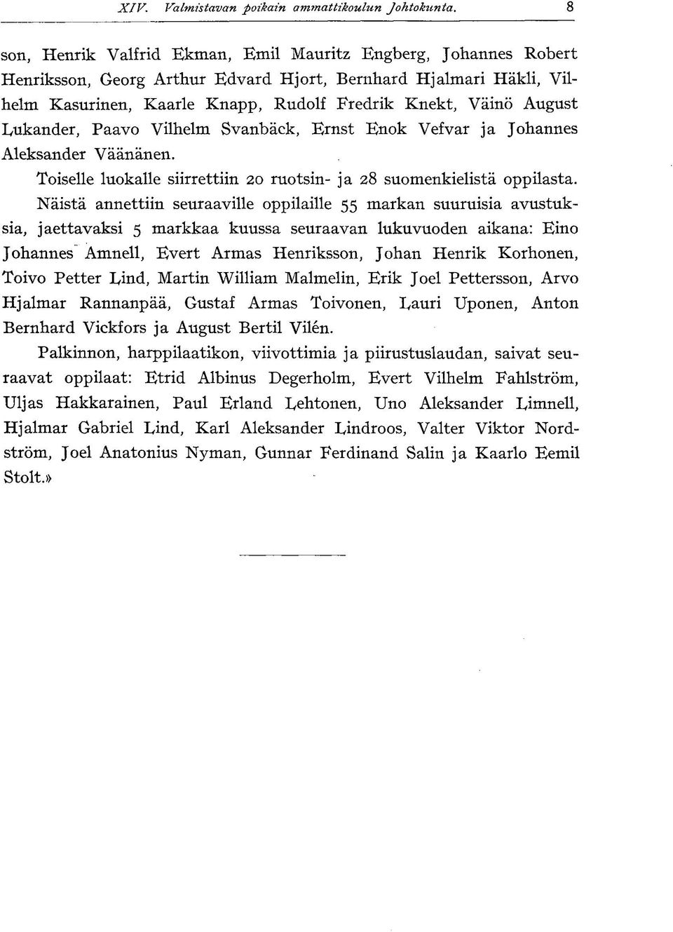 IyUkander, Paavo Vilhelm Svanbäck, Ernst Enok Vefvar ja Johannes Aleksander Väänänen. Toiselle luokalle siirrettiin 20 ruotsin- ja 28 suomenkielistä oppilasta.
