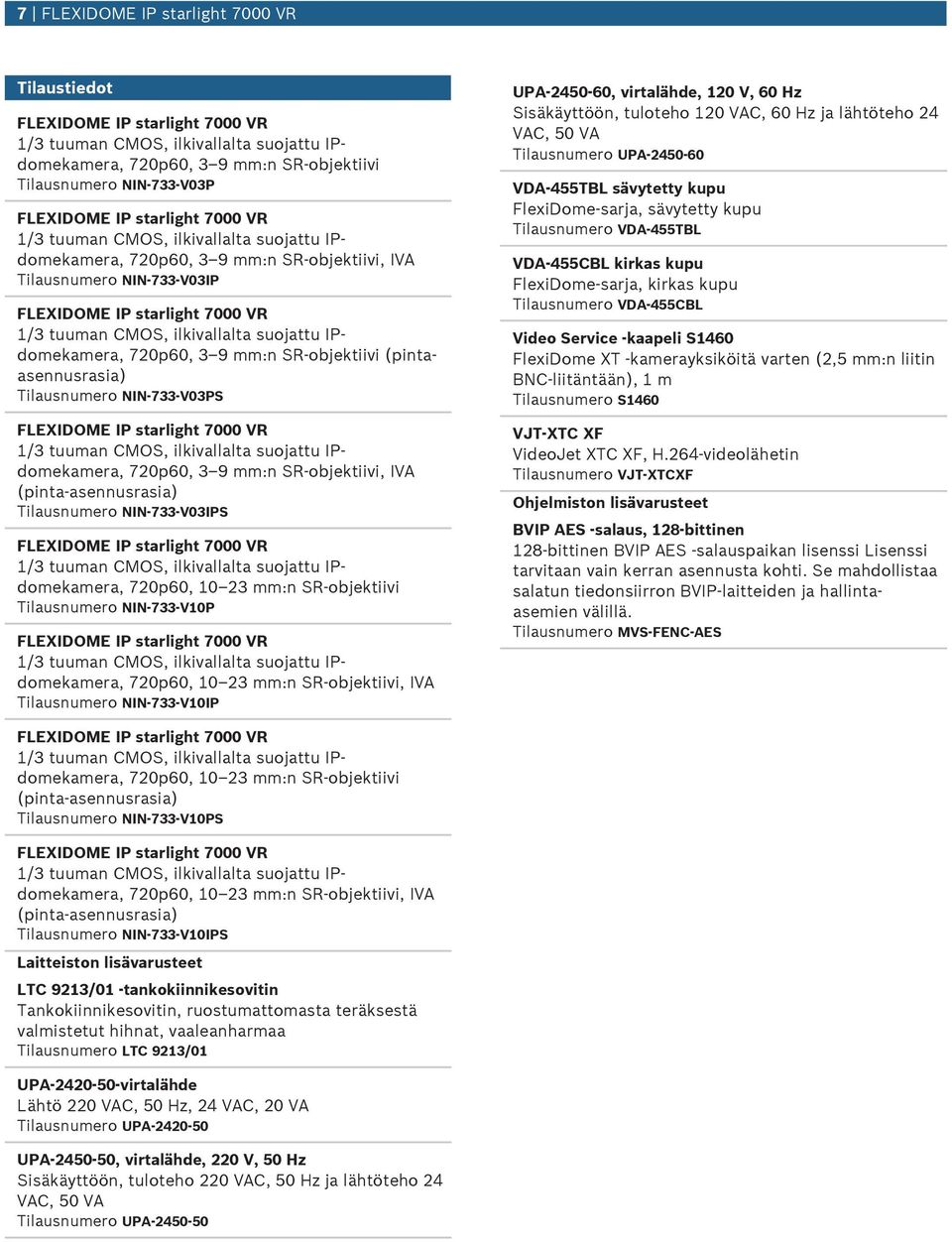 Tilasnmero NIN-733-V10IP UPA-2450-60, virtalähde, 120 V, 60 Hz Sisäkäyttöön, tloteho 120 VAC, 60 Hz ja lähtöteho 24 VAC, 50 VA Tilasnmero UPA-2450-60 VDA-455TBL sävytetty kp FlexiDome-sarja,