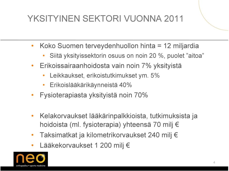 5% Erikoislääkärikäynneistä 40% Fysioterapiasta yksityistä noin 70% Kelakorvaukset lääkärinpalkkioista,