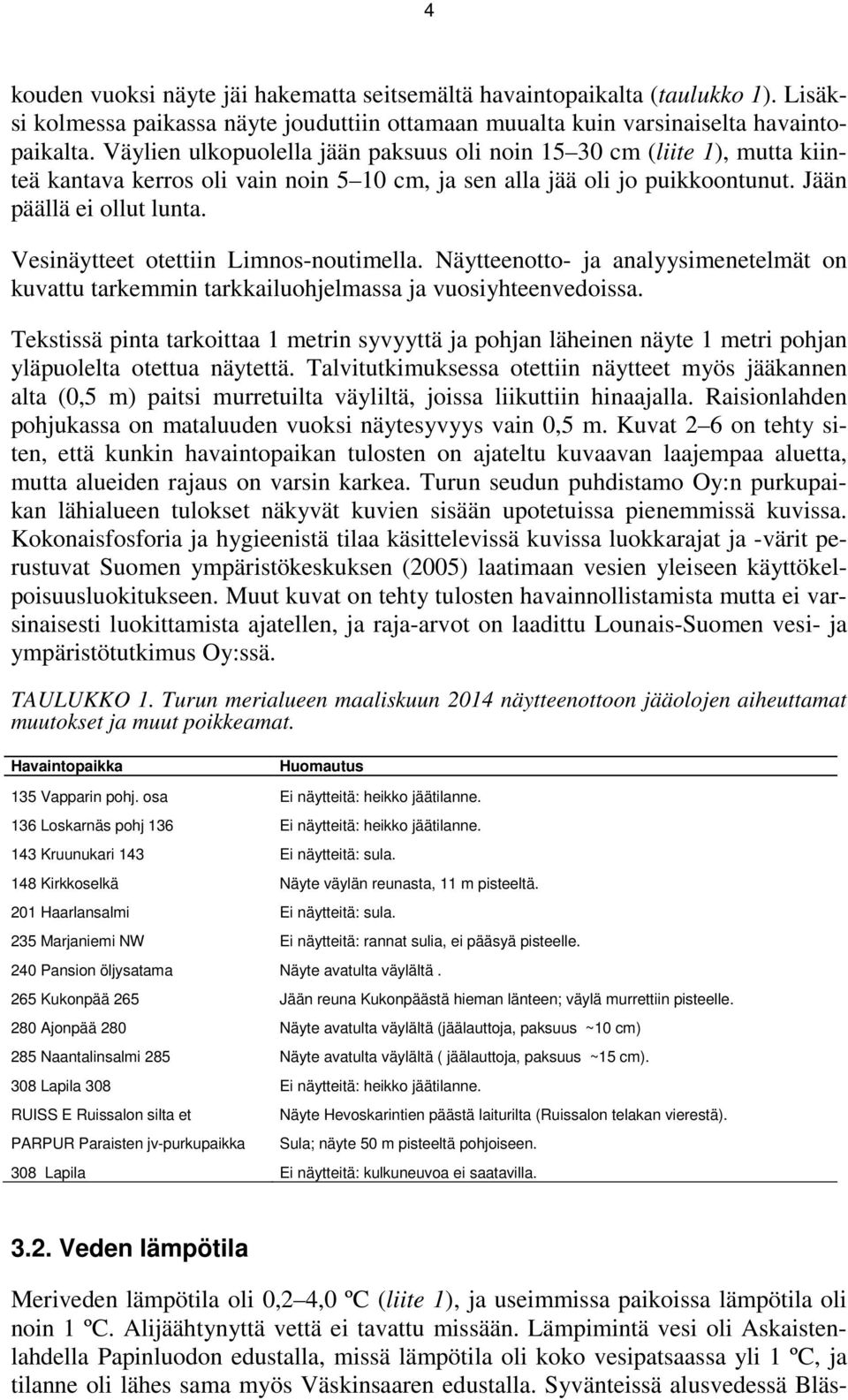 Vesinäytteet otettiin Limnos-noutimella. Näytteenotto- ja analyysimenetelmät on kuvattu tarkemmin tarkkailuohjelmassa ja vuosiyhteenvedoissa.