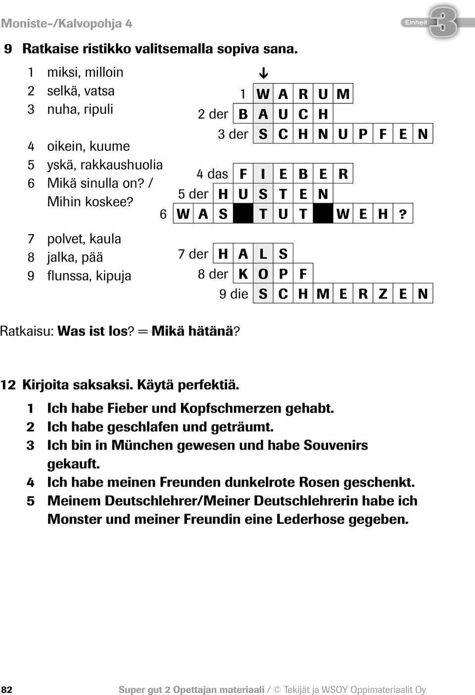 7 der H A L S 8 der K O P F 9 die S C H M E R Z E N 12 Kirjoita saksaksi. Käytä perfektiä. 1 Ich habe Fieber und Kopfschmerzen gehabt. 2 Ich habe geschlafen und geträumt.