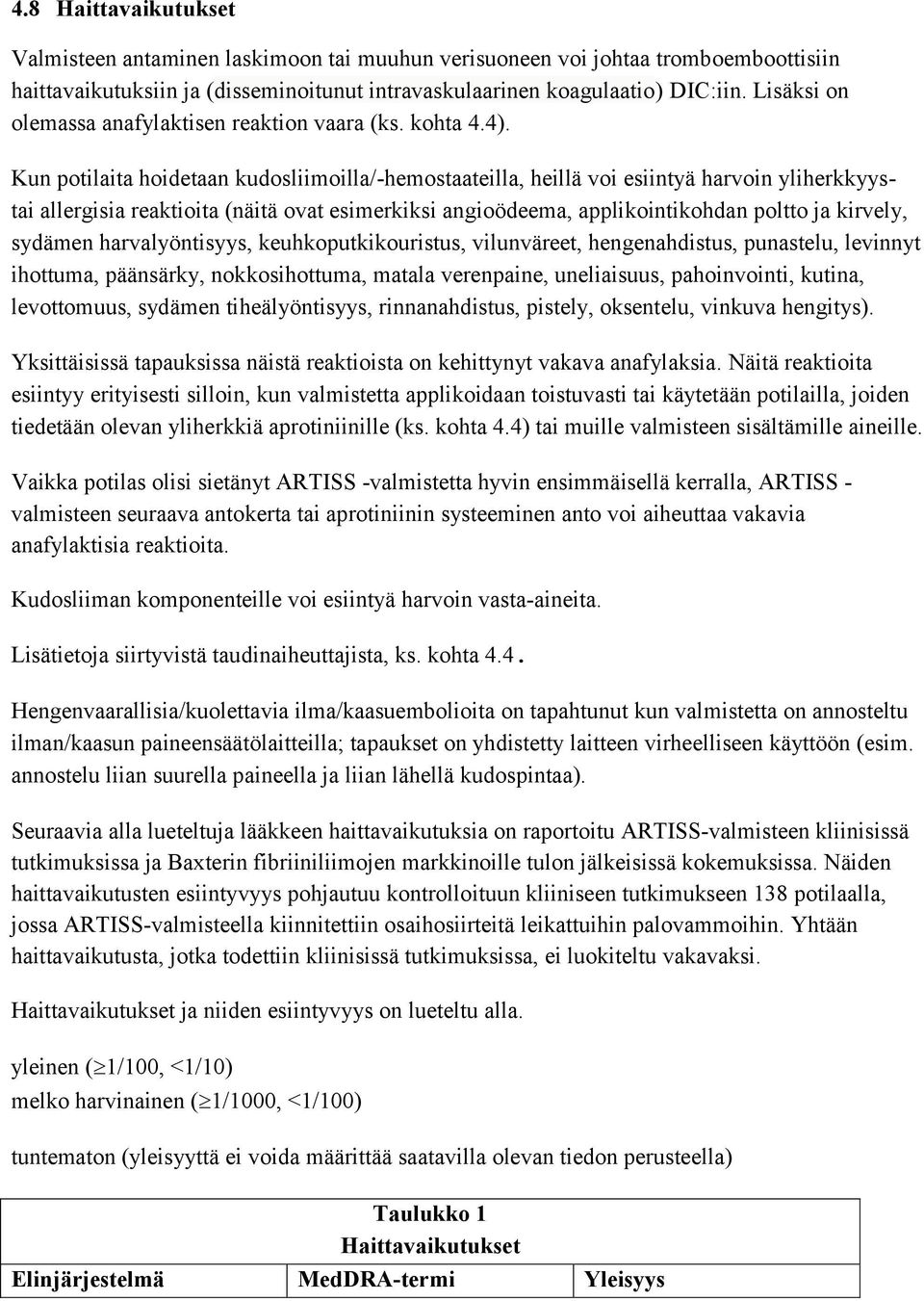 Kun potilaita hoidetaan kudosliimoilla/-hemostaateilla, heillä voi esiintyä harvoin yliherkkyystai allergisia reaktioita (näitä ovat esimerkiksi angioödeema, applikointikohdan poltto ja kirvely,