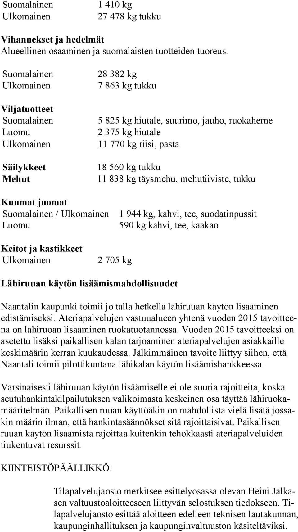 tukku Kuumat juomat / Luomu 1 944 kg, kahvi, tee, suodatinpussit 590 kg kahvi, tee, kaakao Keitot ja kastikkeet 2 705 kg Lähiruuan käytön lisäämismahdollisuudet Naantalin kaupunki toimii jo tällä