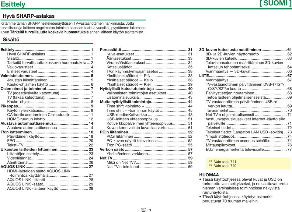 .. 1 Hyvä SHARP-asiakas... 1 Sisältö... 1 Tärkeitä turvallisuutta koskevia huomautuksia... 2 Vakiovarusteet... 4 Erilliset varusteet... 4 Valmistelutoimet... 5 Jalustan kiinnittäminen.