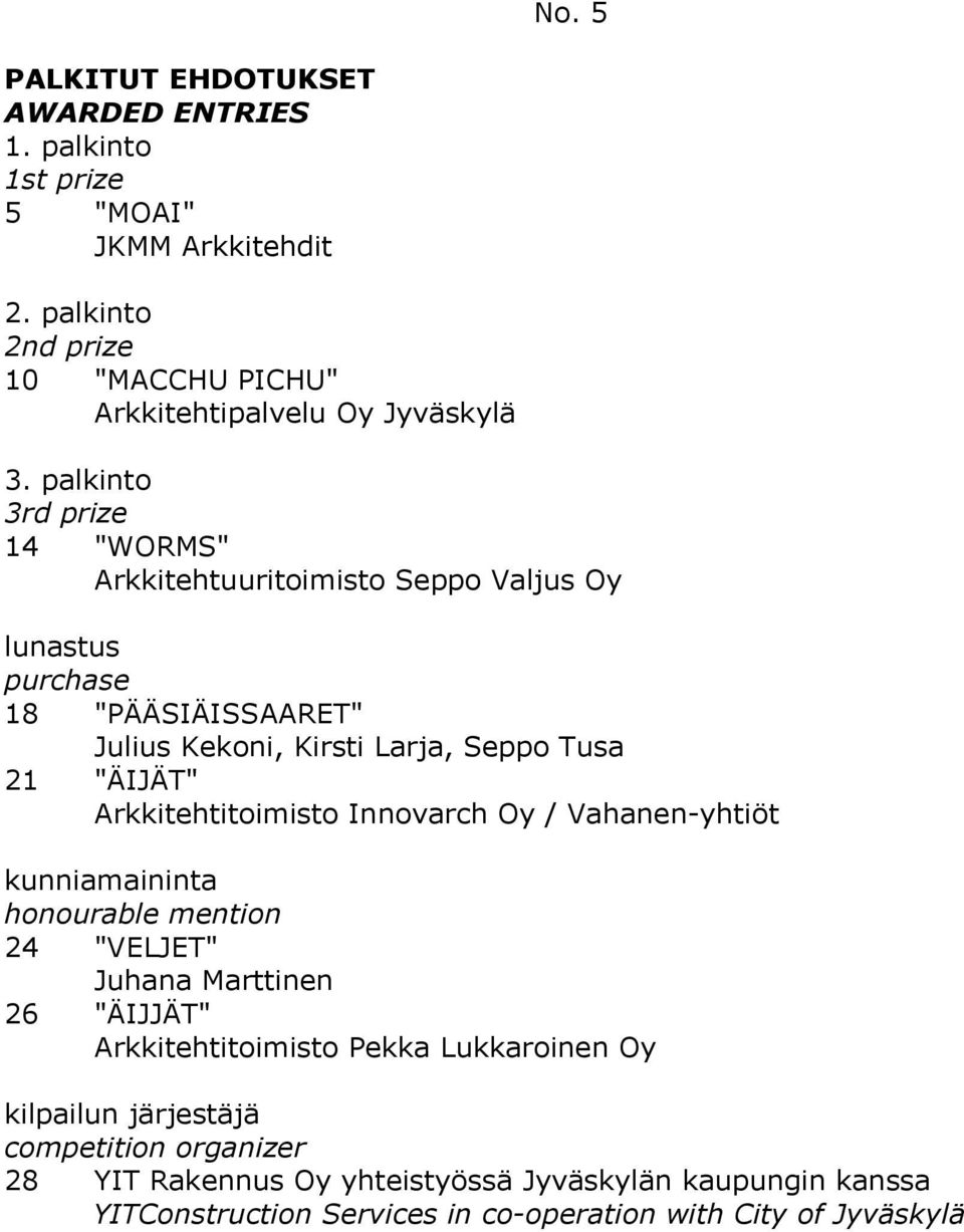 21 "ÄIJÄT" Arkkitehtitoimisto Innovarch Oy / Vahanen-yhtiöt 24 "VELJET" Juhana Marttinen 26 "ÄIJJÄT" Arkkitehtitoimisto Pekka